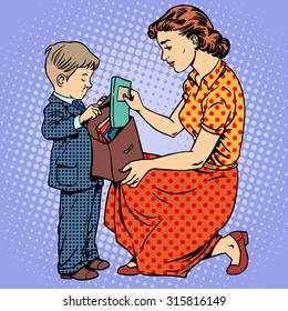 The mother helps the child to come to school. Textbooks books portfolio. Education family retro style pop art
