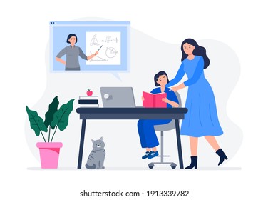 A mother helps her child do homework. Online education, schooling, courses, homework, quarantine. Flat style cartoon vector illustration.