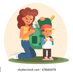 Mother helps her child preparing school bag. Cartoon flat style vector illustration