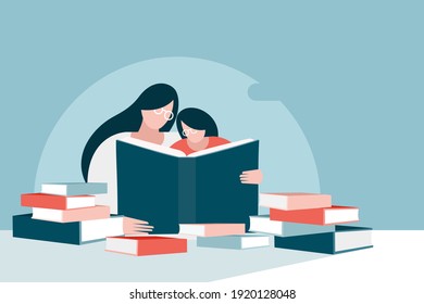 Mother helps her daughter to learn from bunch of big books