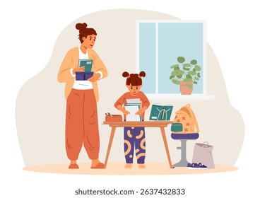 Mother helps her daughter preparing for school packing up school bag at home flat vector illustration.