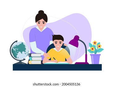 Mother helps her son do homework. Parent explains the difficult points. Child is happy, together learning is simple and fun. Family help concept. Flat design vector illustration