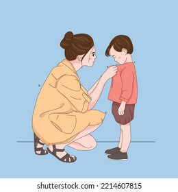 Mother helps son button his shirt illustration