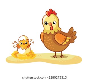 Mother hen and chicken. Mom and baby.Vector illustration with farm animals in cartoon style.