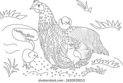 Mother Hen and Chicks Happy Mother's Day Coloring Page