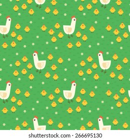 Mother hen and chicks seamless pattern.