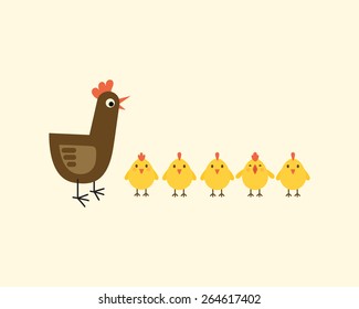 Mother hen and five chicks. Vector illustration.