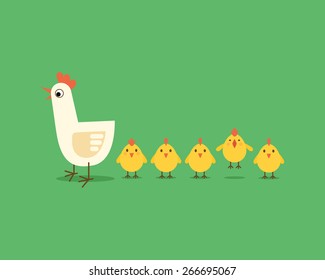 Mother hen and five chicks. Vector illustration.