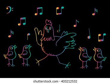 Mother hen and four chicks singing together