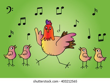 Mother hen and four chicks singing together