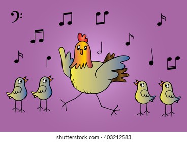Mother hen and four chicks singing together