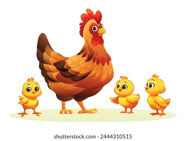 Mamá gallina con sus polluelos. Vector ilustración de dibujos animados