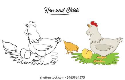 Mamá gallina con sus polluelos. Personajes lindos animales de granja - mamá y su hijo. Concepto del Día de la Madre. Hoja de trabajo de preescolar, Ilustración vectorial de estilo de dibujos animados de gallina y pollito. Colorear actividad