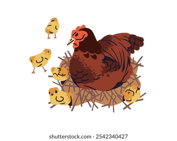 Madre gallina y sus pollos se sientan en el nido. Familia feliz de aves de corral está en el país. Lindos pájaros de rancho, animales de granja emplumados, aves, ganado. Ilustración vectorial aislada plana sobre fondo blanco