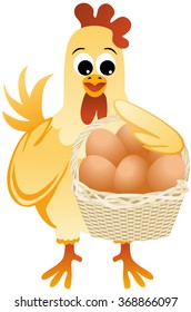 Mother hen holding a basket of eggs
