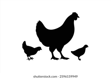 A mother hen leads her two chicks as they explore a simple farm environment. The silhouettes depict a nurturing dynamic among the birds, emphasizing their bond.