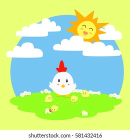 mother hen looking after her little chick, under the sunlight in the meadow
