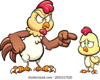 Mother hen scolding baby chick. Vector clip art illustration with simple gradients. Each on a separate layer.
