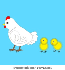 Mother hen with two chickens isolated blue background.