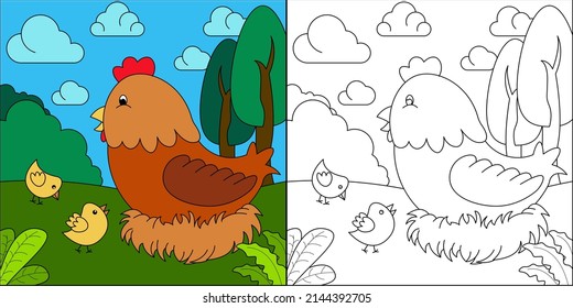 Mother hen and two chicks suitable for children's coloring page vector illustration