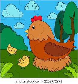 Mother hen and two chicks suitable for children's puzzle vector illustration