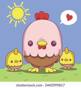 a mother hen who is inviting her children to play. suitable for nightgown design, book covers and stories.