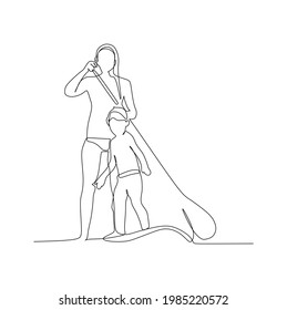 Mother and her adorable little son paddling on stand up board having fun during summer beach vacation - continuous one line drawing