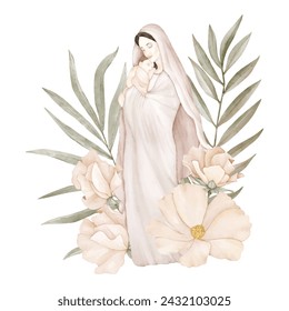A mother with her baby among flowers and leaves