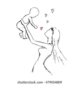 Mother with her baby, drawing hands, Card of Happy Mothers Day. vector illustration.