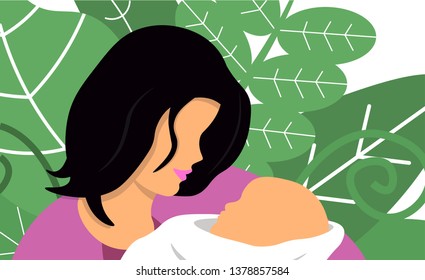 Mother with her baby. Happy Mothers Day. Flat vector illustration with beautiful woman and child.