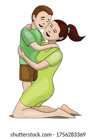 Mother and her baby hug each other. They are cheerful and happy.
