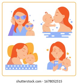 Mother and her baby set, Mother's Day logo happy cartoon vector