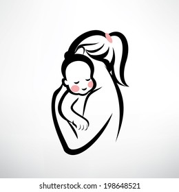 mother and her baby silhouette, isolated vector symbol