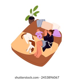 Mother with her baby sleeps top view. Woman has rest in bed with kid and dog. Mom and newborn relax together at night. Family naps in bedroom. Flat isolated vector illustration on white background