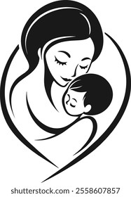 Mother with her baby. Stylized outline symbol. Motherhood, love, mother care. Silhouette, icon, logo, sign. Vector illustration
