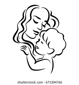 Mother with her baby. Stylized outline symbol. Motherhood, love, mother care. Silhouette, icon, logo, sign. Vector illustration