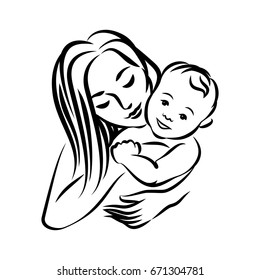 Mother with her baby. Stylized outline symbol. Motherhood, love, mother care. Silhouette, icon, logo, sign. Vector illustration