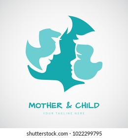 Mother with her baby stylized silhouettes for mother's day greeting card or logo of beautiful woman and child, vector illustration, all layers are isolated