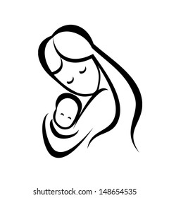 mother and her baby, vector symbol in simple lines