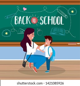 mother with her boy student and uniform in the classroom