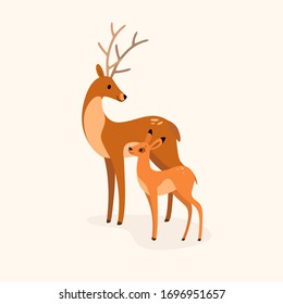 Mother and her child - deer and fawn. Decorative greeting card.  Flat line vector illustration.