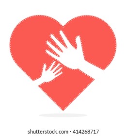 Mother and her child hand on love red heart. Vector illustration Mothers Day celebration logo concept design.