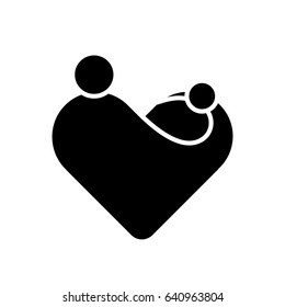 Mother with her child in her hands. Simplified symbol in a shape of heart. Motherhood or Mothers Day theme. Flat black vector illustration.