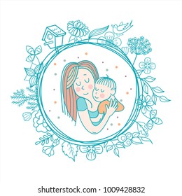 The mother and her child. Linear vector illustration. Floral wreath of herbs and flowers. Logo of a happy motherhood and childhood. Happy family.
