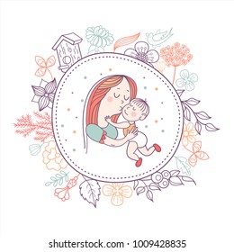 The mother and her child. Linear vector illustration. Floral wreath of herbs and flowers. Logo of a happy motherhood and childhood. Happy family.