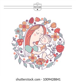 The mother and her child. Linear vector illustration. Floral wreath of herbs and flowers. Logo of a happy motherhood and childhood. Happy family.