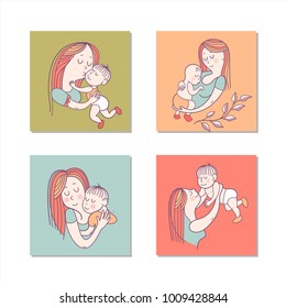 The mother and her child. Linear vector illustration. Logo of a happy motherhood and childhood. Happy family.