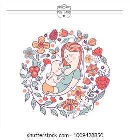 The mother and her child. Linear vector illustration. Floral wreath of herbs and flowers. Logo of a happy motherhood and childhood. Happy family.