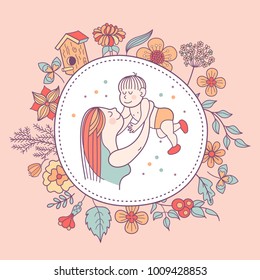 The mother and her child. Linear vector illustration. Floral wreath of herbs and flowers. Logo of a happy motherhood and childhood. Happy family.