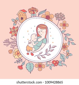 The mother and her child. Linear vector illustration. Floral wreath of herbs and flowers. Logo of a happy motherhood and childhood. Happy family.